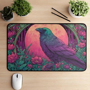 Dayglo Raven Desk Mat, Cottagecore Crow Mouse Pad, Artistic Bird Desk Pad, Witchy Forestcore Mat, Mystical Nature Computer Desk Pad