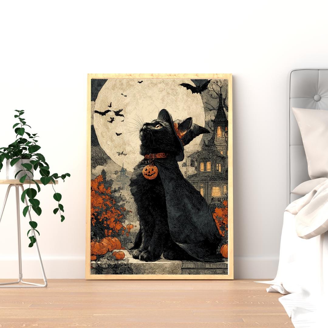 Black Cat Halloween Giclée Art Print, Spooky Cute Feline Wall Decor ...