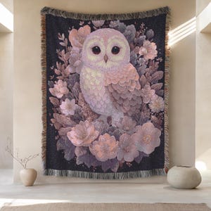 Black Purple Owl Woven Blanket, Dark Forestcore Bird Throw, Whimsigoth Goblincore Tapestry, Romantic Pastel Cottagecore Decor Gift
