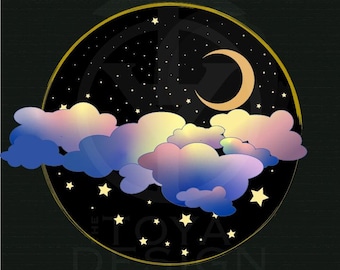 Malerei Grafik-Design Tapete Ethereal Mond & Sterne Nachthimmel Kunstdruck (Digital Download)
