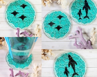Ocean Side | Epoxy Holo Manta Ray, Humpback Whale Coasters