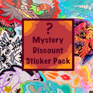 May include: A collage of colourful, holographic stickers with a large orange square in the centre. The square has a question mark and the text "Mystery Discount Sticker Pack".