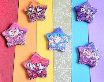 Holographic Star Pronoun Buttons | Desert Theme (5.5cm)