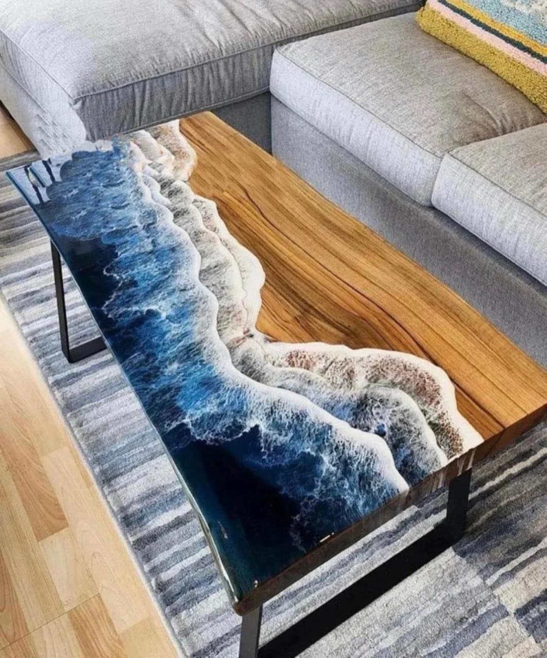 Ocean Wave Epoxy Resin Wooden Coffee Table – Handmade Blue Ocean ...