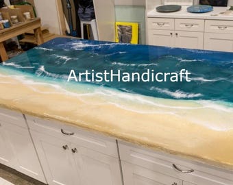 Encimera de resina con olas, mesa de cocina con borde natural y olas del océano, mesa de resina epoxi con olas marinas, decoración personalizada para el hogar, regalo hecho a mano