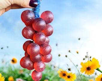 May include: A bunch of translucent red grapes suspended by a blue rope. The grapes are round and clustered together. The background features a blue sky and yellow flowers.