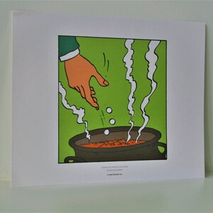 May include: A hand adds ingredients to a steaming pot of red liquid. The pot is brown with a black rim and handle. The background is green with white smoke rising from the pot.