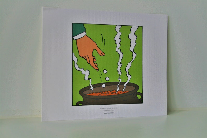 May include: A hand adds ingredients to a steaming pot of red liquid. The pot is brown with a black rim and handle. The background is green with white smoke rising from the pot.