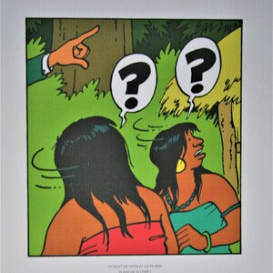 May include: A comic book illustration of two women with question marks above their heads. The women are wearing colorful clothing and are looking in different directions. The text "EXTRAT DE TINTIN ET LES PICARDS PLANCHE 33 STRIP 2" is at the bottom of the image.