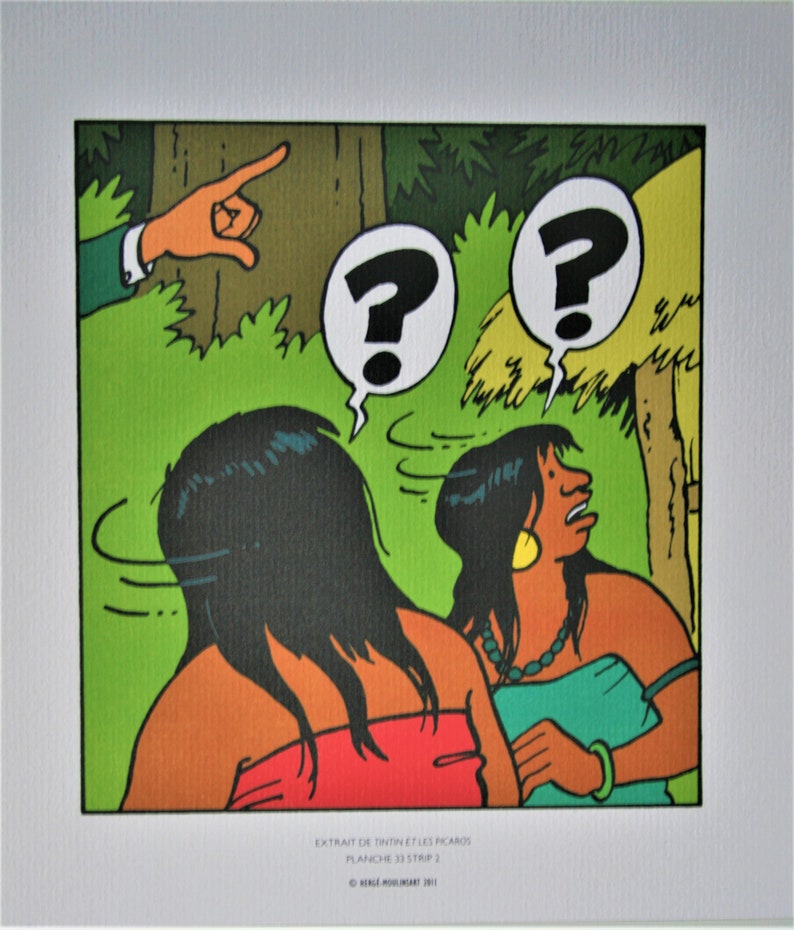 May include: A comic book illustration of two women with question marks above their heads. The women are wearing colorful clothing and are looking in different directions. The text "EXTRAT DE TINTIN ET LES PICARDS PLANCHE 33 STRIP 2" is at the bottom of the image.
