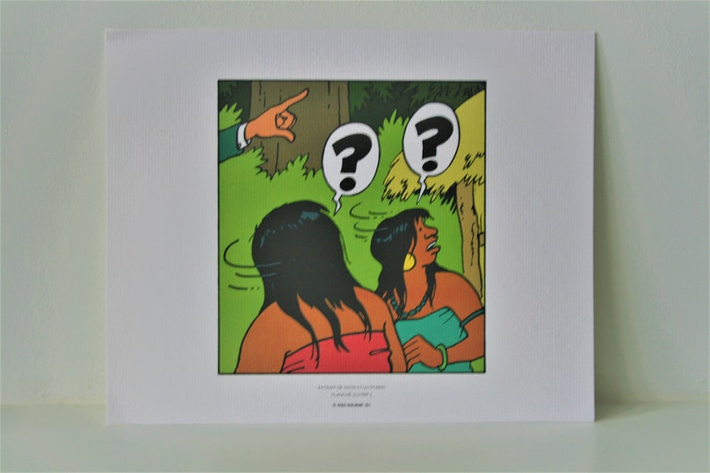 May include: A comic book illustration of two women with question marks above their heads. The women are wearing colorful clothing and are standing in a jungle setting. The text "Au bout de ses gondoles et de ses r&ecirc;ves" is printed below the image.