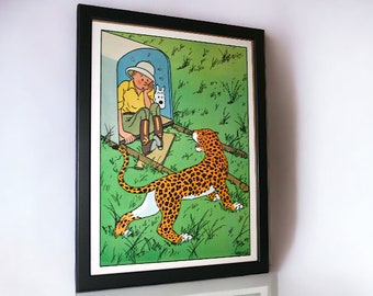 Poster "Tintin, Snowy and the Cheetah" (original/authentic - 1986) - Casterman/Moulinsart - 29 x 39cm - Special edition, rare
