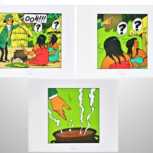 May include: A comic book illustration of a man in a green jacket pointing at a pot with two women standing behind him. The man is saying "ooh!!!" and the women have question marks above their heads.