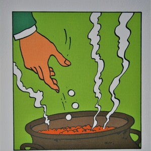 May include: A hand drops three white balls into a brown pot with orange liquid and steam rising from the pot. The background is green. The text at the bottom reads "Extrait de Tintin et les Picards, Planche 33 Strip 3, &copy; Herg&eacute; Moulinsart 2011."