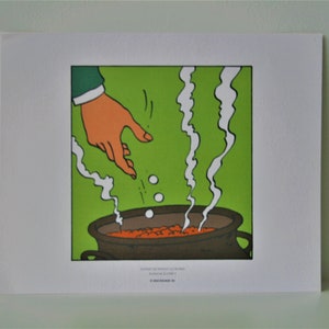 May include: A hand drops three white pills into a bubbling cauldron with red liquid. The cauldron is brown and has a black handle. The background is green.