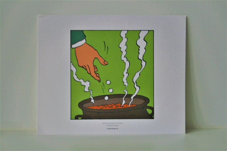 May include: A hand drops three white pills into a bubbling cauldron with red liquid. The cauldron is brown and has a black handle. The background is green.