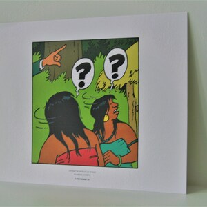 May include: A comic book illustration of two women with question marks above their heads. The women are looking in different directions. A hand is pointing to the right side of the image.