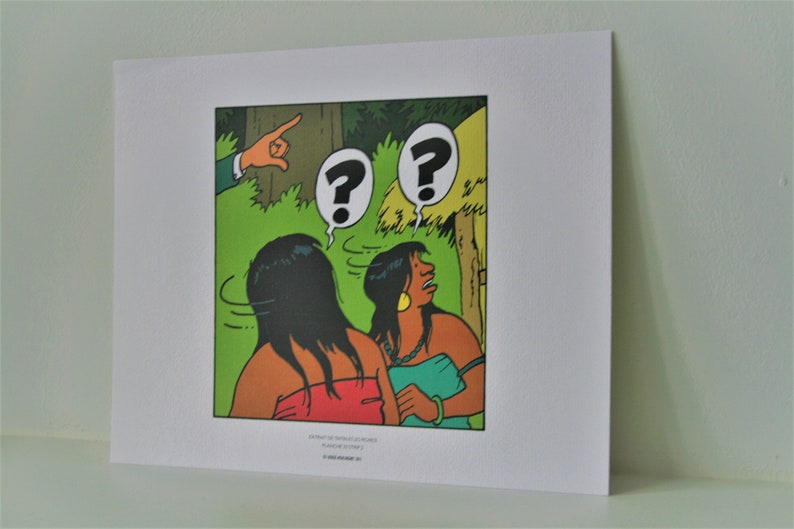 May include: A comic book illustration of two women with question marks above their heads. The women are looking in different directions. A hand is pointing to the right side of the image.