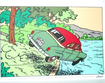 Tintin - Lithograph Tintin and the Calculus Affair (2006) - Car Tintin Taxi Simca - 33 x 49cm - Special edition - Moulinsart, Hergé