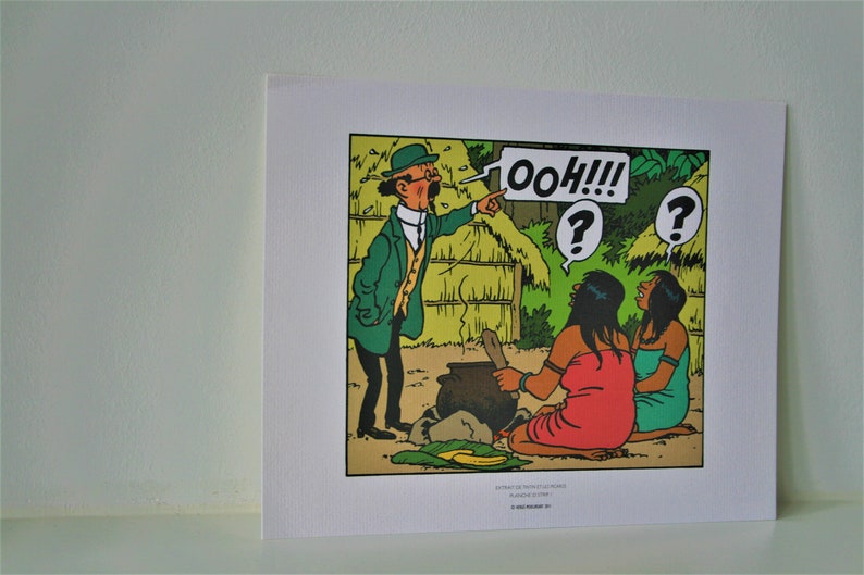 May include: A black and white comic book illustration of a man in a green jacket and a hat pointing at two women in a jungle setting. The man is saying "ooh!!!" and the women are looking at each other with question marks above their heads. The text "EXTREIT DE "LA VALLEE DES TIGRES" PLANCHE 20" is at the bottom of the image.
