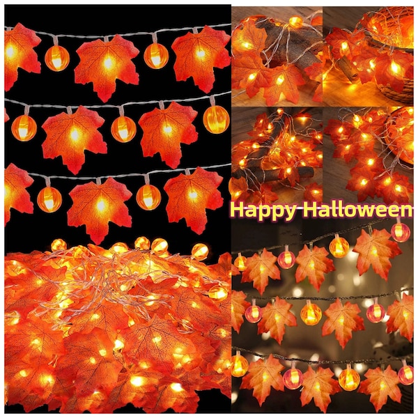 Halloween LED Maple Leaf Pumpkin Lights,Halloween Thanksgiving Decorative String Lights,Party Decorative Lights,Halloween Home Yard Decor