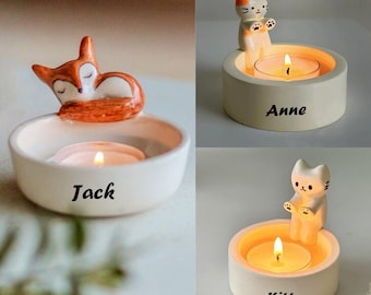 Cute Resin Cartoon Fox/kitty/Cat Candle Holder-Sleeping Fox-Kitten Warming Paws-Cat Candlestick-Home Desk Decor-Custom Name Candlestick Gift