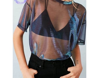 Purple Holographic see through women T- shirts * Summer Sexy Mesh Tee  * Sheer short sleeve top * Sparkling streetwear Y2K fashion outfit