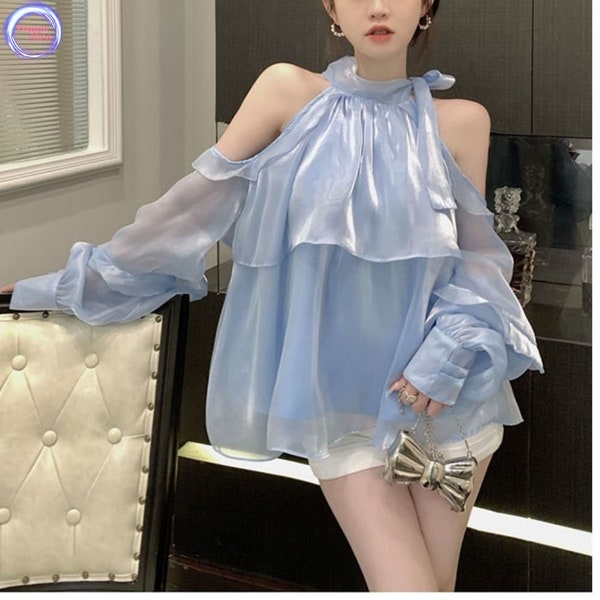 Shinny blue Long Puff Sleeves Blouse bowknot Korean Style Elegant Ladies Tops Shoulderless Chiffon Solid Ruffle Shirts Hollow Loose Blouses