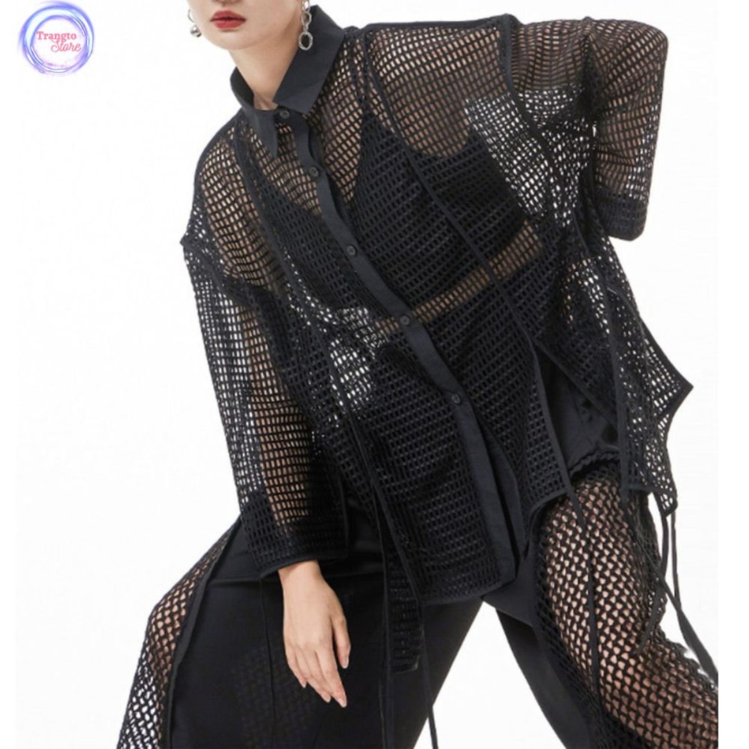 Black See Through Long Sleeve Top Striped Lace Etsy