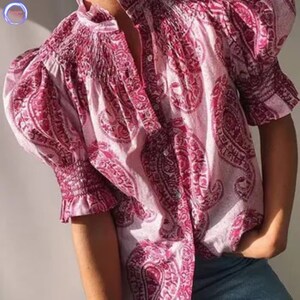 Vintage Print Buttons Pleated Blouse * Women Chic Casual Stand Neck Puff Sleeve Shirt * Female Spring Summer Fashion Shirt *Gift For Her