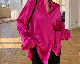 Rose Pink Single-breasted Female Satin Blouses Long Sleeve Loose Solid color  Shirts Spring Working office Ladies Blusas Shirts Tops Outfit