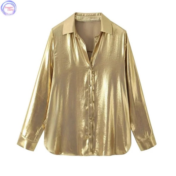 Gold Yellow shinning metallic long sleeve button down blouse * fashion women shirt * streetwear lady outfit * working office top for her