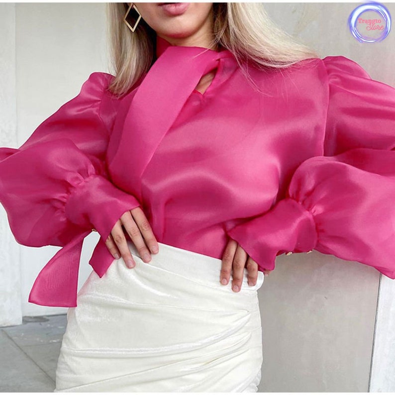 Mesh Translucent Women Blouse With Bow Knot Elegant Puff Long Sleeve ...