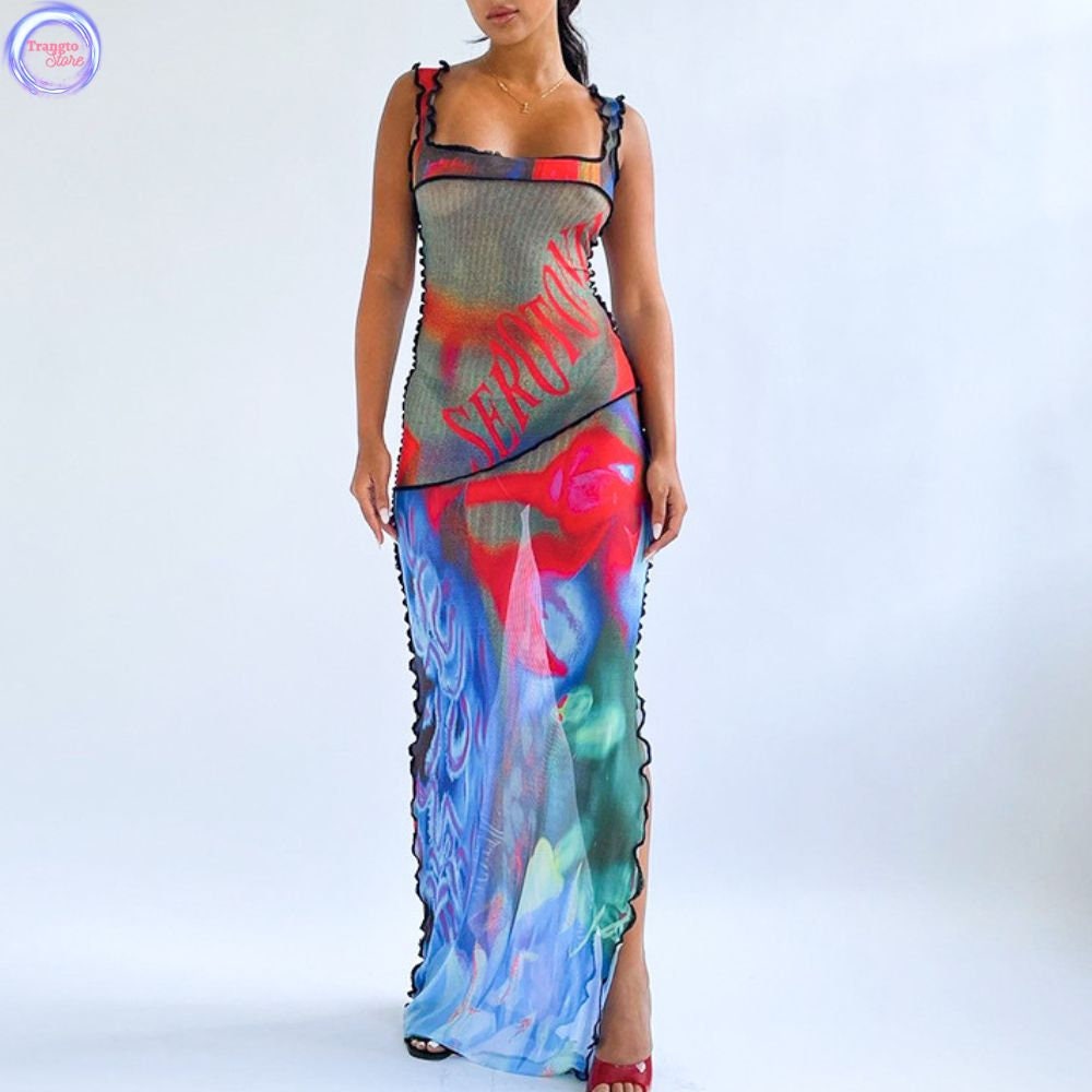 Mesh See Through Dress Abstract Color Tie Dye Bodycon Dresses for Women ...