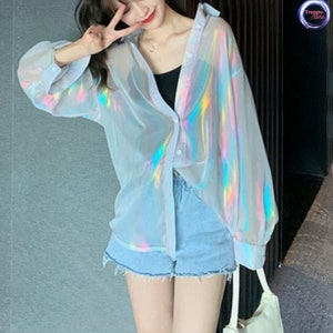Holographic see through long sleeve top * Semi-transparent Loose Blouse Reflect Light Thin Tops Sheer Summer Thin Chiffon Shirt Lady outfit
