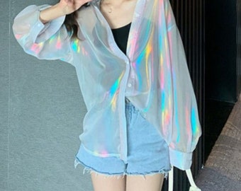 Holographic see through long sleeve top * Semi-transparent Loose Blouse Reflect Light Thin Tops Sheer Summer Thin Chiffon Shirt Lady outfit