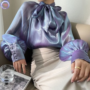 Shinny holographic long sleeve blouse with tie neck * Elegant Women's summer volume sleeve shirts *working office casual tops outfit fashion