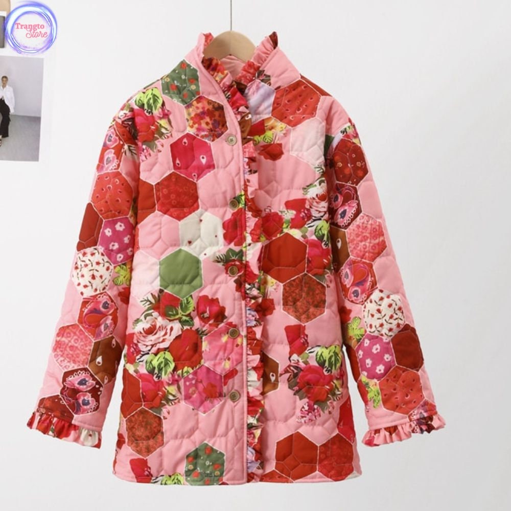 Floral Bounty Teal Women's Stand Collar Padded Jacket