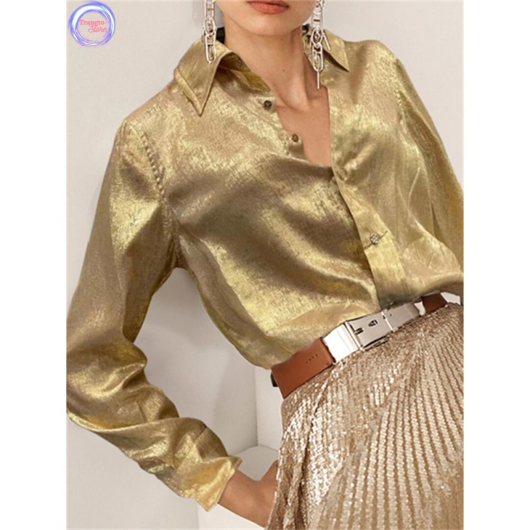 Solid Gold Long Sleeve Button Down Blouse Fashion Women Shirt