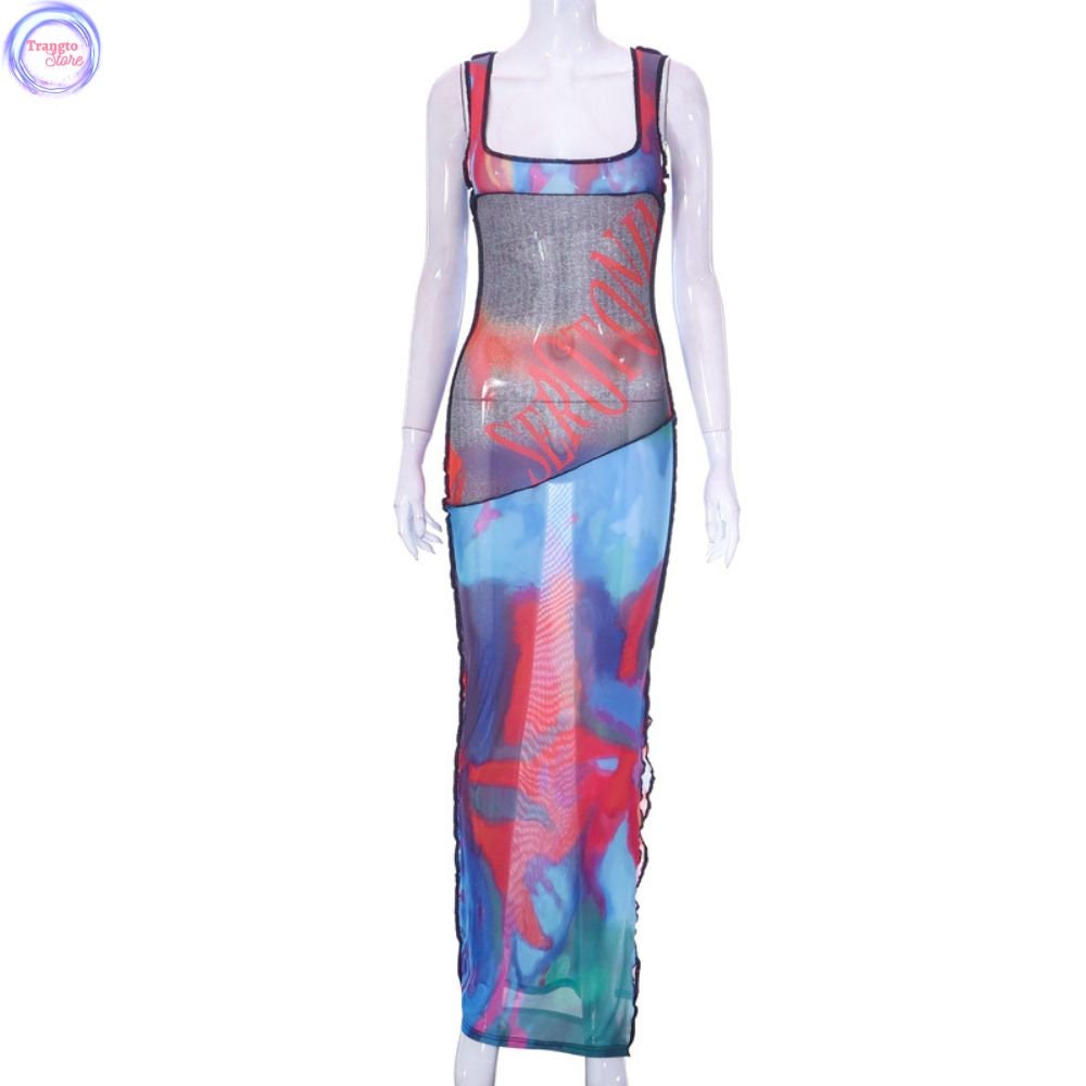 Mesh See Through Dress Abstract Color Tie Dye Bodycon Dresses for Women ...