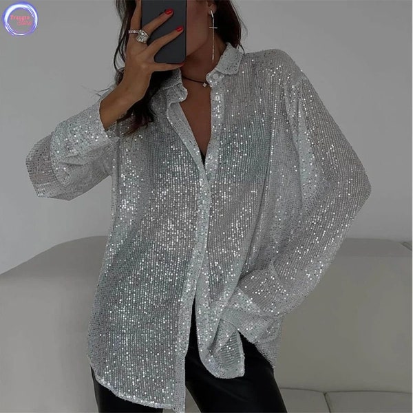 Fashion Solid Shiny Blouse - Sparkling Long Sleeve Top * Bling button up shirt for women * Y2k Loose Streetwear Outfit * Festival club