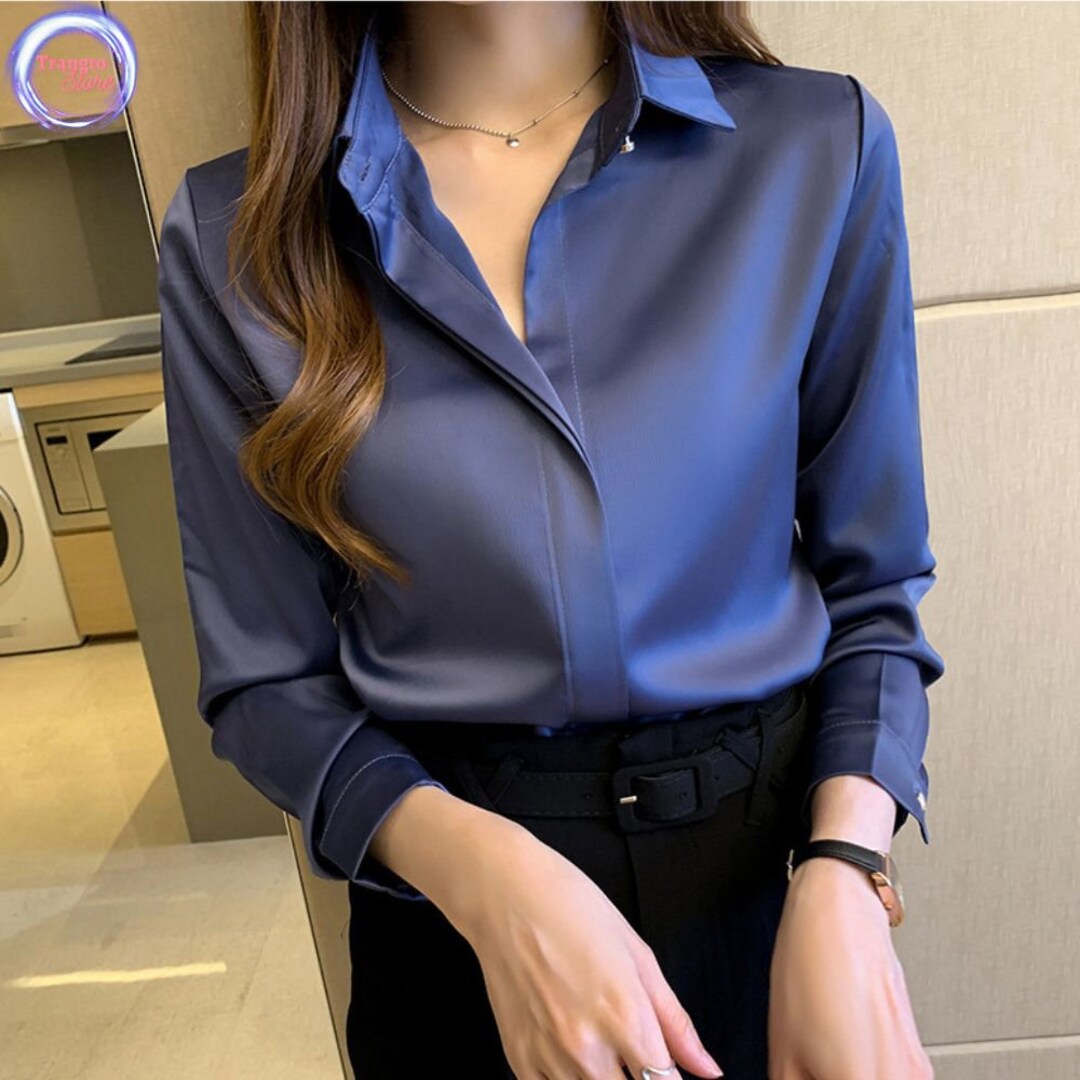Women Satin Long Sleeve Shirt Button Down Blouses Working - Etsy