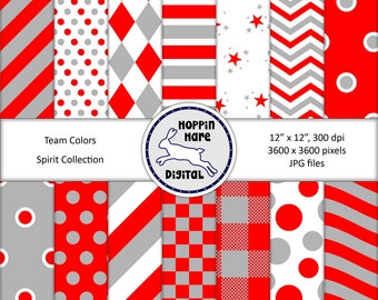 School Spirit Digital Paper Pack - Team Colors Scrapbooking Papers - Seamless Pattern - Red Silver Gray