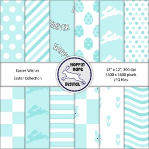 Easter Digital Paper Pack - Scrapbooking Papers - Pastel Blue White - Bunnies Stripes Eggs Rabbits Seamless Pattern
