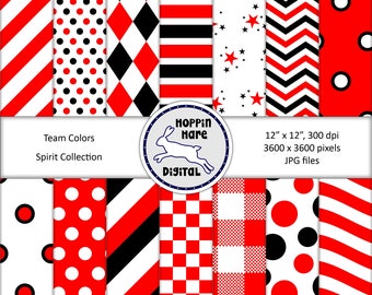 Team Spirit Digital Paper Pack - School Colors Scrapbooking Papers - Seamless Pattern - Red White