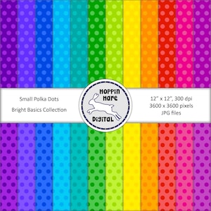 Digital Paper Pack - Small Polka Dots - Spots Circles - Seamless Pattern Papers - Rainbow Colors Bright
