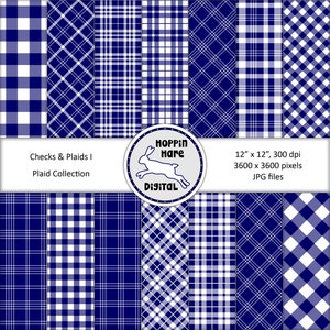 Pacote de papel digital xadrez - Verifica Gingham Tartan Seamless Pattern Papers Backgrounds - Azul Branco
