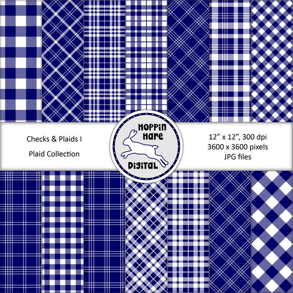 Plaid Digital Paper Pack - Checks Gingham Tartan Seamless Pattern Papers Backgrounds - Blue White