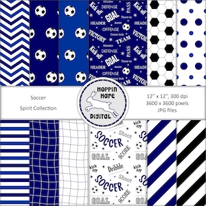 Soccer Digital Paper Pack - Soccer Scrapbooking Papers - Seamless Patterns - Blue White