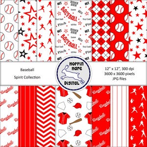 Peut inclure: Un pack de papiers numériques avec 10 motifs sur le thème du baseball. Les motifs comprennent des balles de baseball, des étoiles, des chauves-souris, des maillots et du texte comme "Home Run" et "Baseball". Les motifs sont en rouge et blanc.
